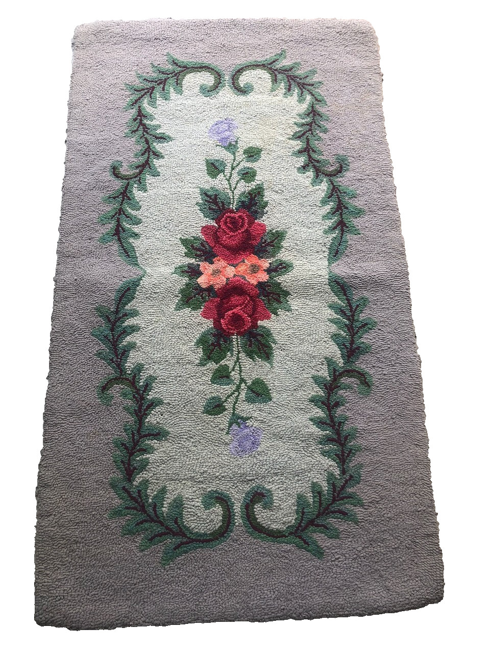 Vintage handmade Handhooked wool Oval Floral Rug 47" x 27" Folk ART Americana