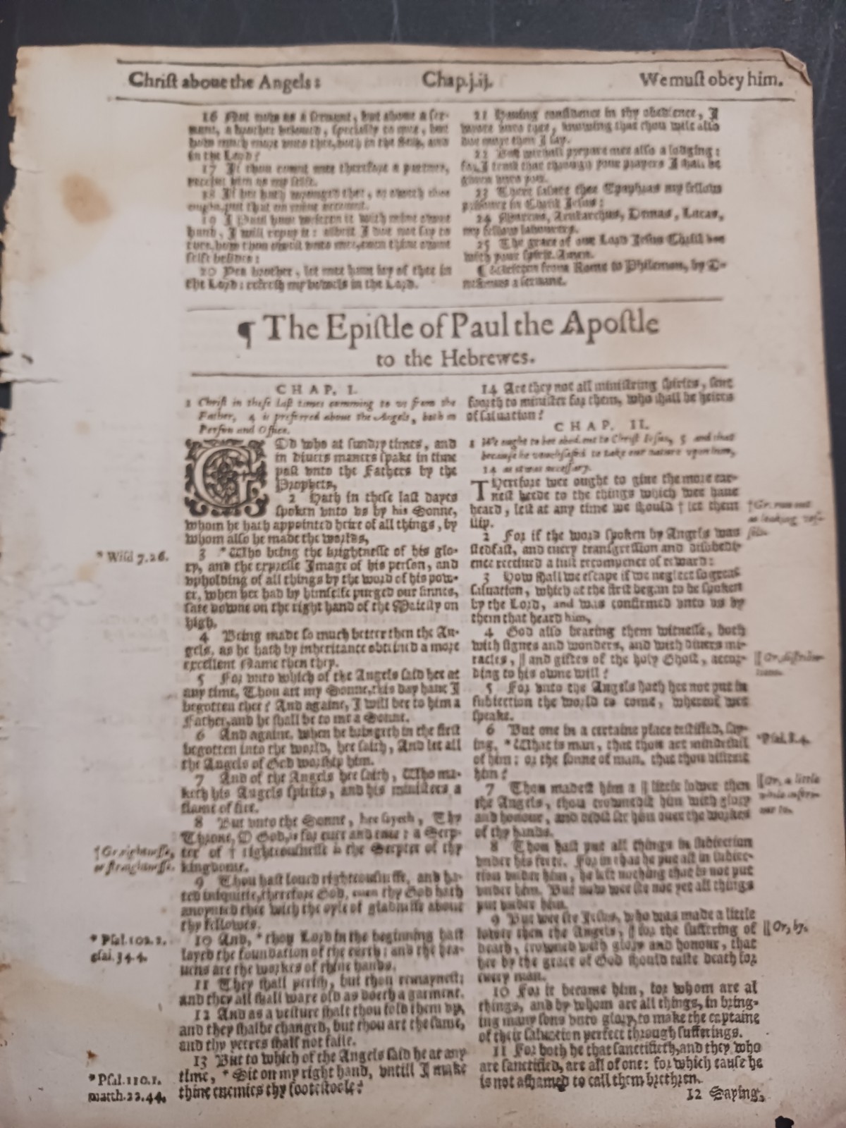 Original 1614 King James Bible Leaf	223	Hebrews Title page 1:1 to 4:15a