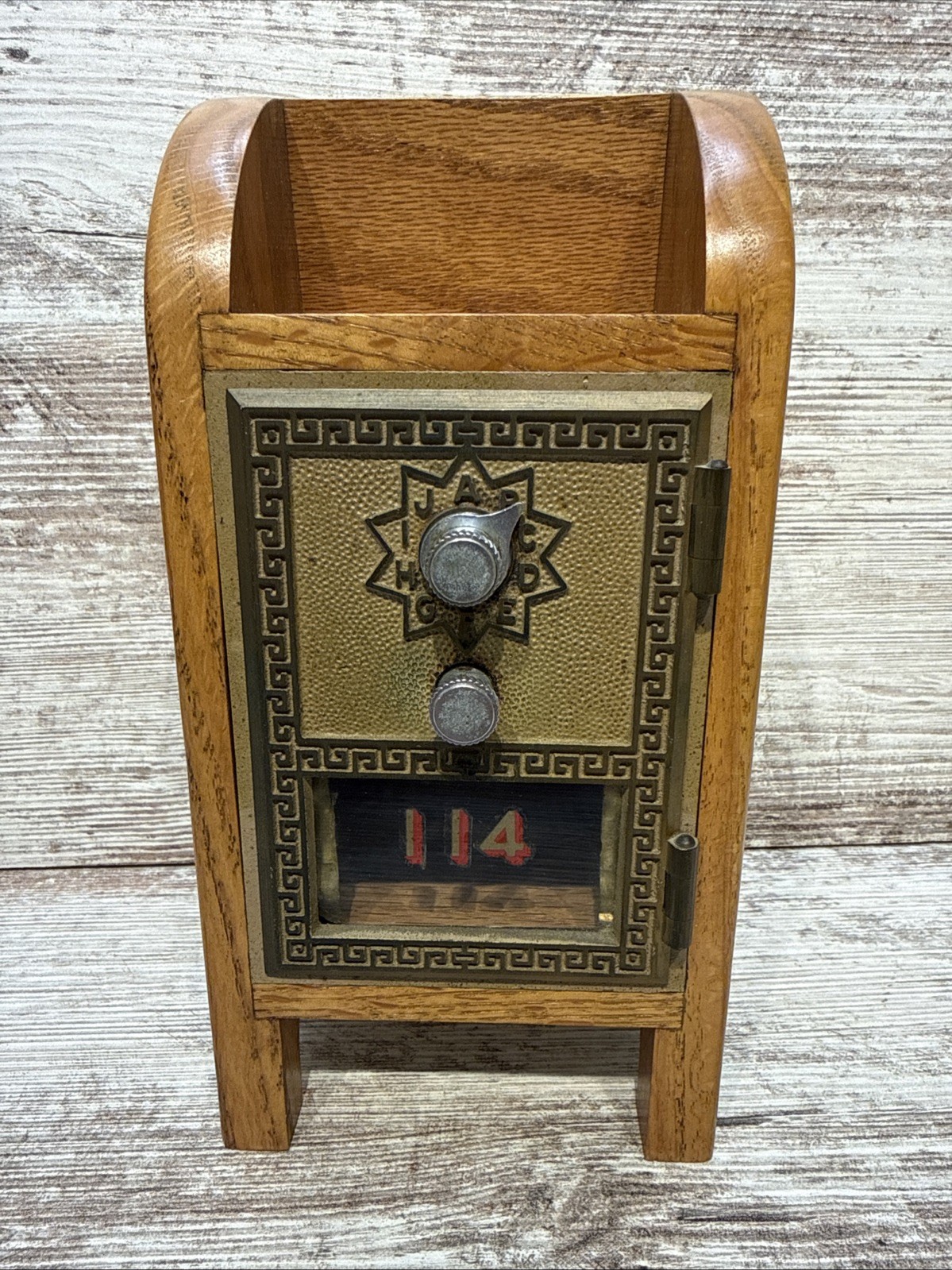 Handmade Oak USPS Dropoff Mail Box w/ Vintage Brass POB front Bank w/ combo