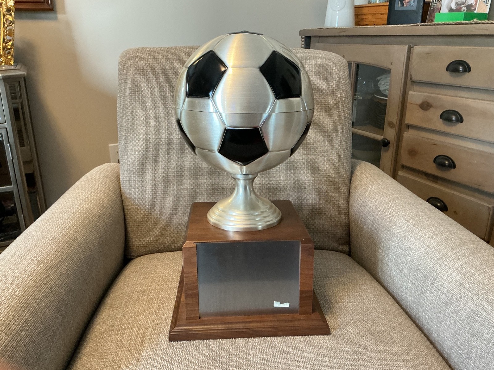 Large Soccer Trophy, metal soccer ball, wood base, 17 inches tall