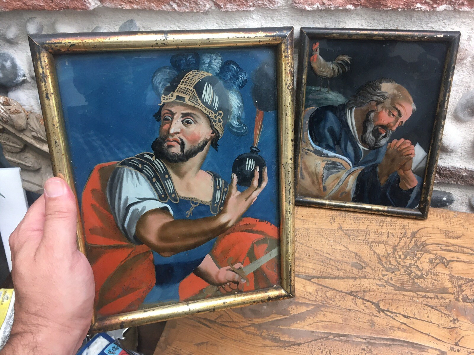 Très Beau Lot 2 Ancienne Fixé Sous Verre Religion Saint Pierre XVIIIe Coq Romain