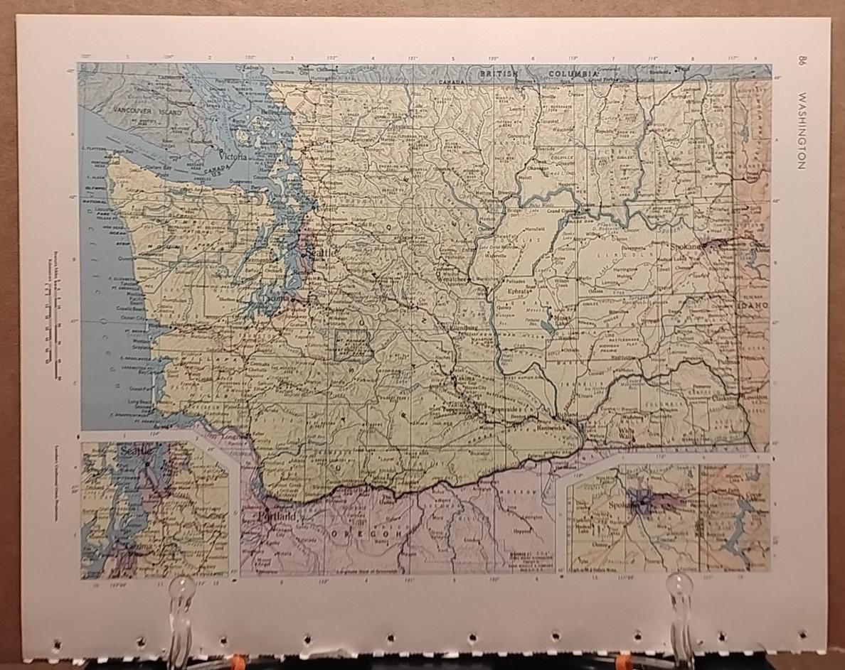 1966 Vintage WASHINGTON Authentic Old MCM Atlas Map - Rand McNally World Atlas