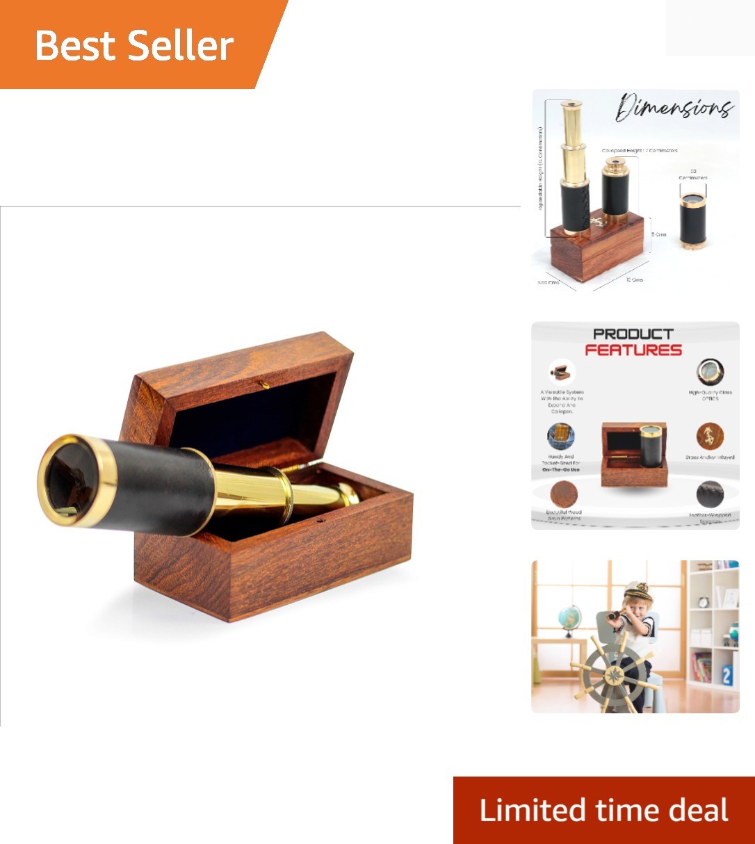 Miniature Handcrafted Brass Telescope in Rosewood Box - Perfect Pirate Gift
