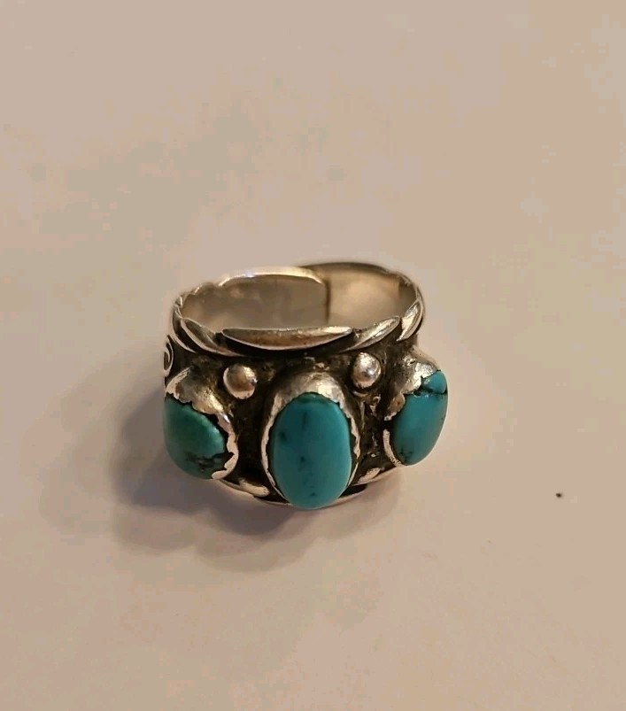 Signed S.Y. Native American Sterling Silver Turquoise Ring Sz 7.5/8 Adj 10g