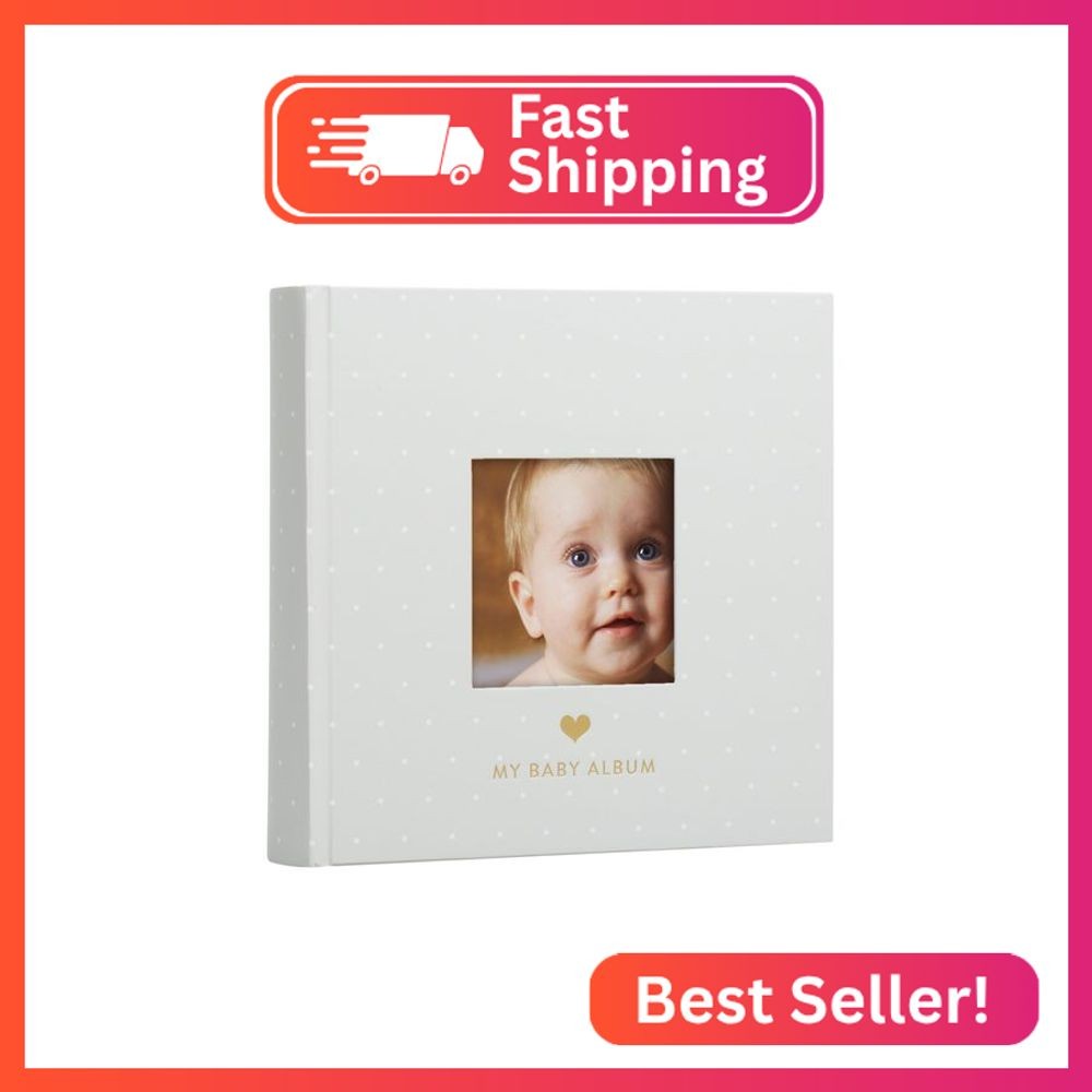 Pearhead Baby Photo Album, Keepsake Baby Memory Book with Photo Pockets, Gray an