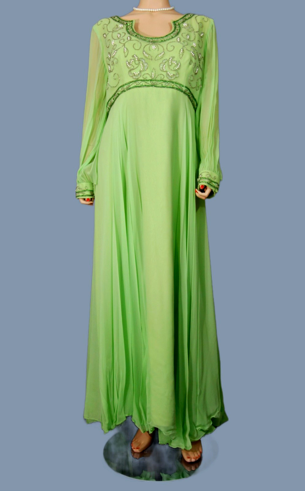 Vintage~c1980's~Mint Green Chiffon Gown Floral Sequined Crescent Neckline Lined