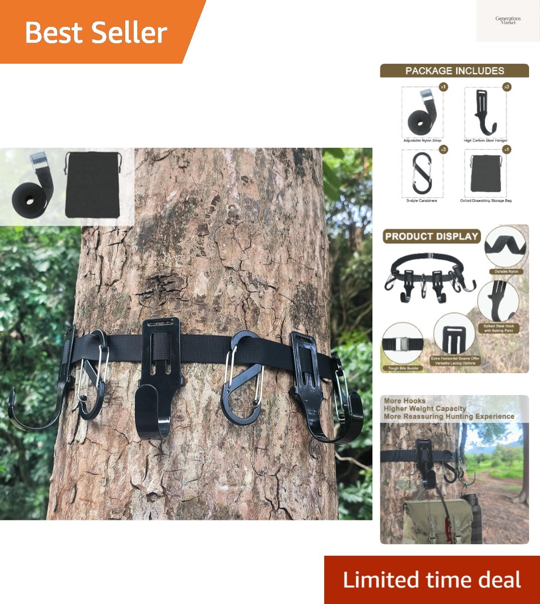 Tree Stand Straps Bow Hanger with Metal Hooks, High Loading Saddle Hunting Ac...
