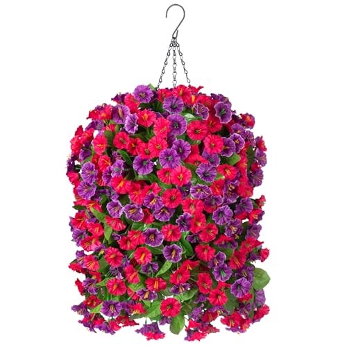 Artificial Flowers with Hanging Basket, Outdoor Faux Plants Hot Pink Purple