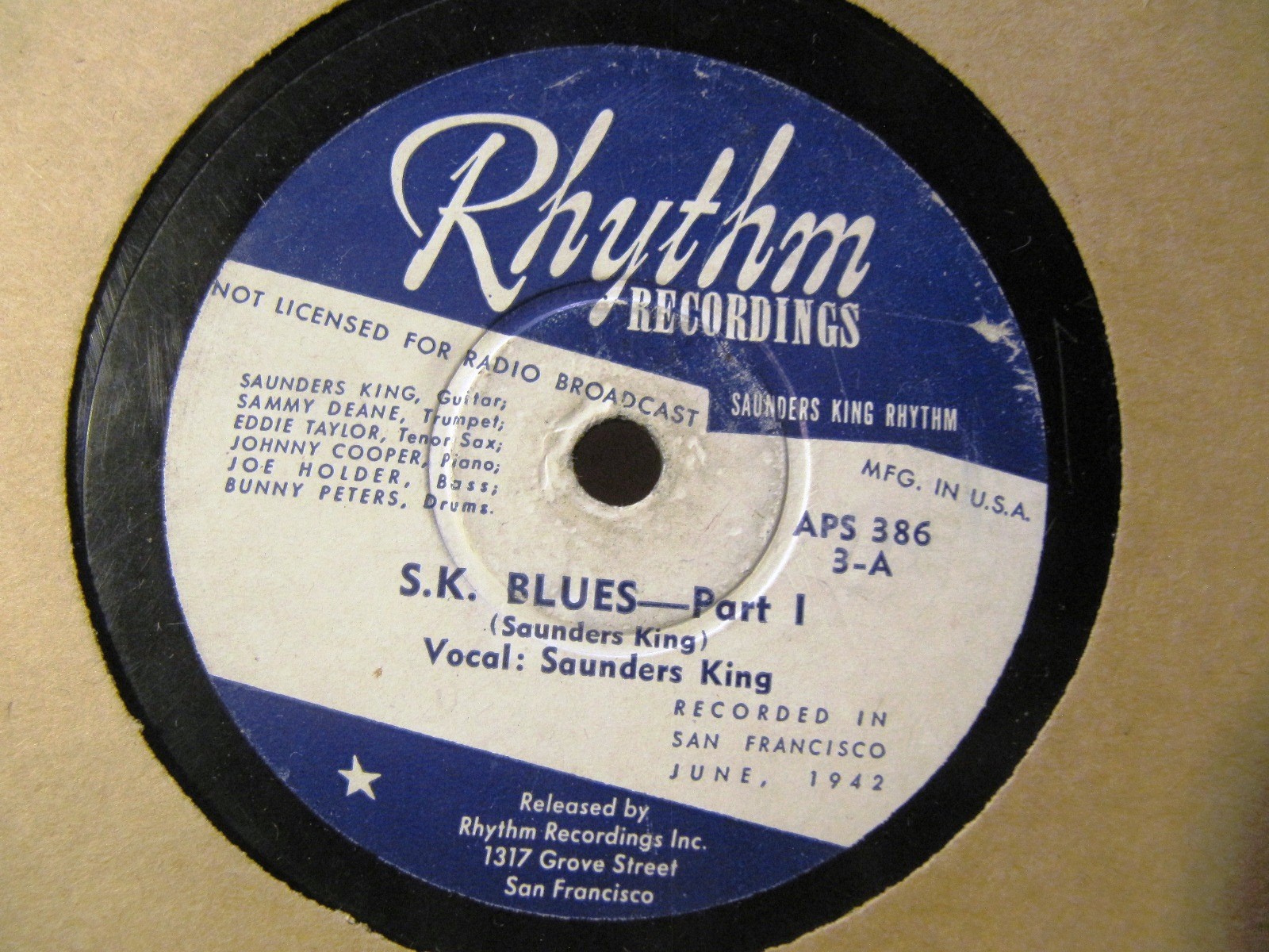 1942 SAUNDERS KING San Francisco S.K. BLUES Sammy Deane Rhythm Recordings No 3