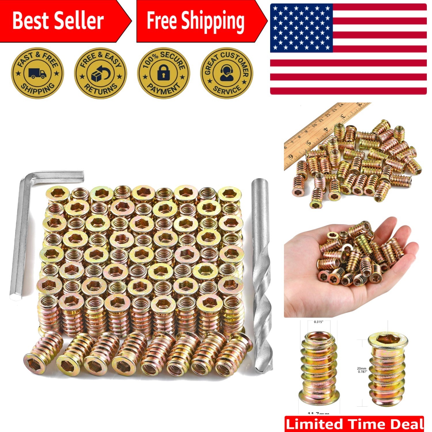 200 Pcs Threaded Inserts for Wood - Metal Screws Assortment Hex Socket Drive ...