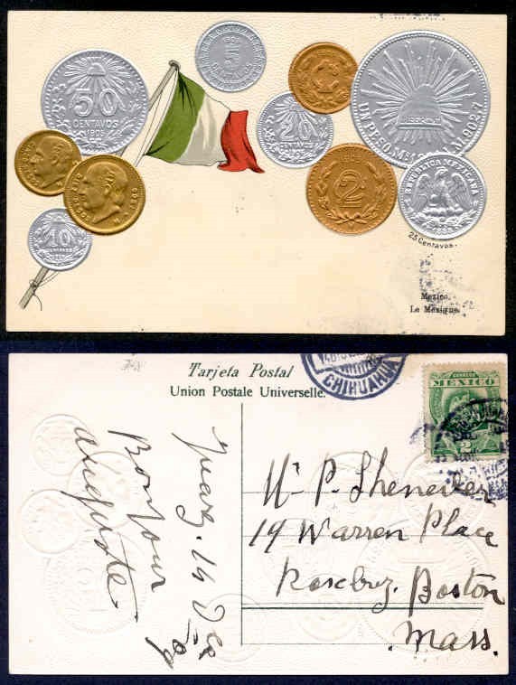 MEXICO 1909 COIN CARD USED TO USA