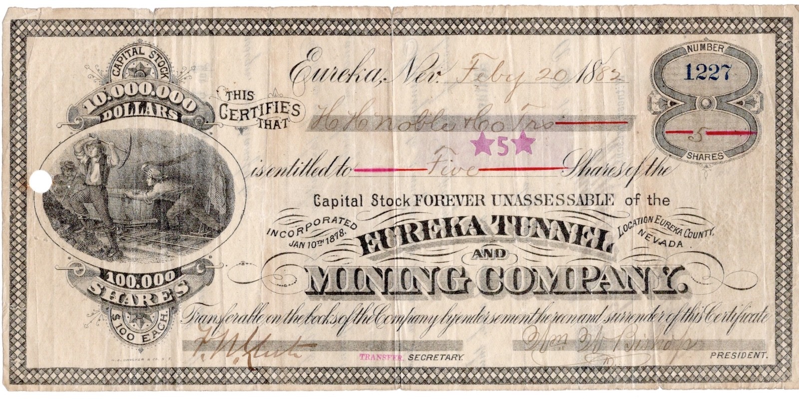 Eureka Tunnel & Mining Co., 1882 - Ruby Hill, Nevada - unique