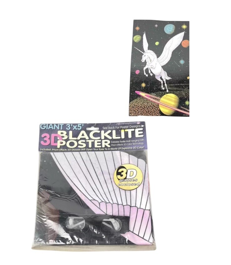 Vintage Giant 3’x5’ Pegacorn Outer Space 3D Black Light Tapestry 2001 3D Glasses