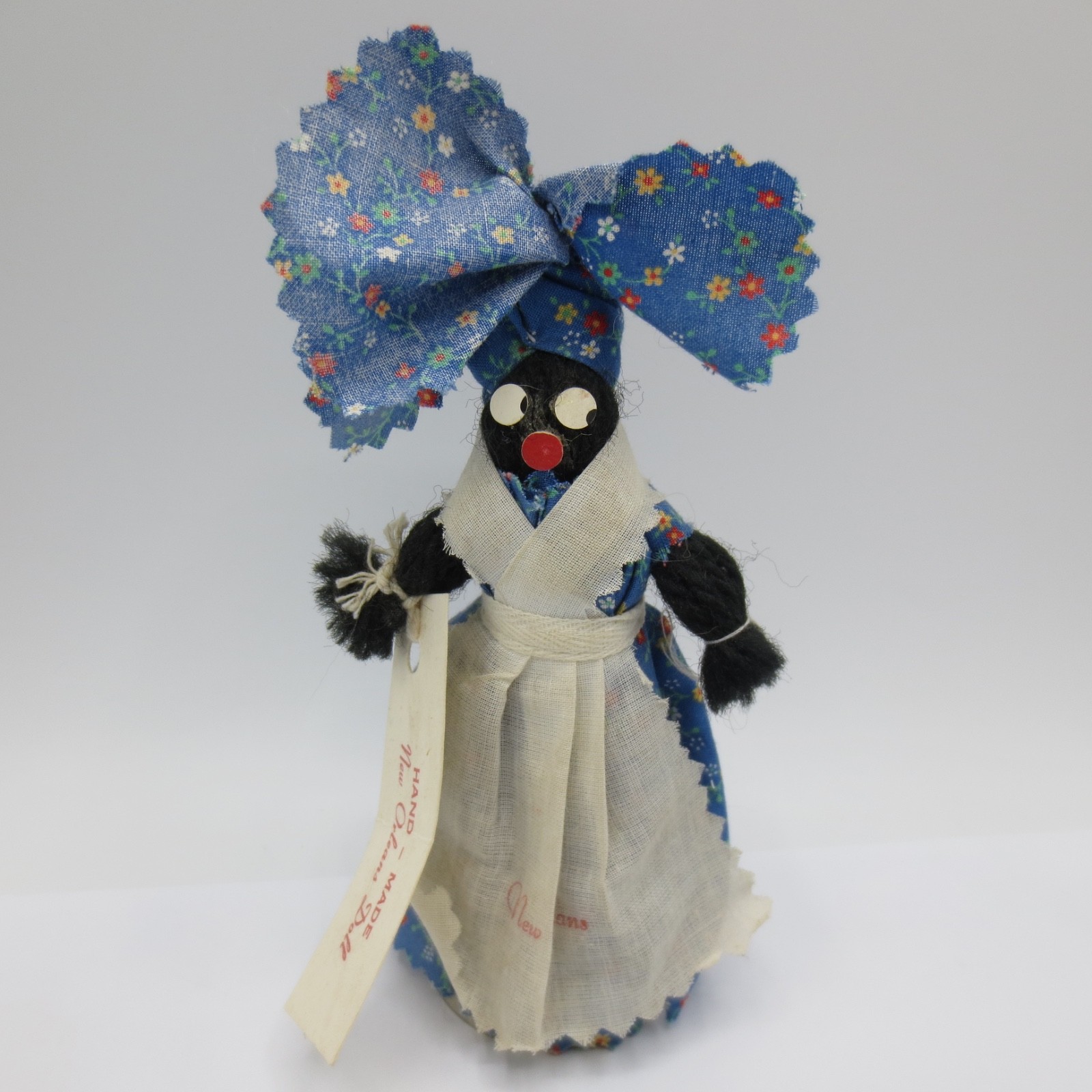 Vintage Handmade Black Doll Yarn Working Bell New Orleans Dress Measures 6"