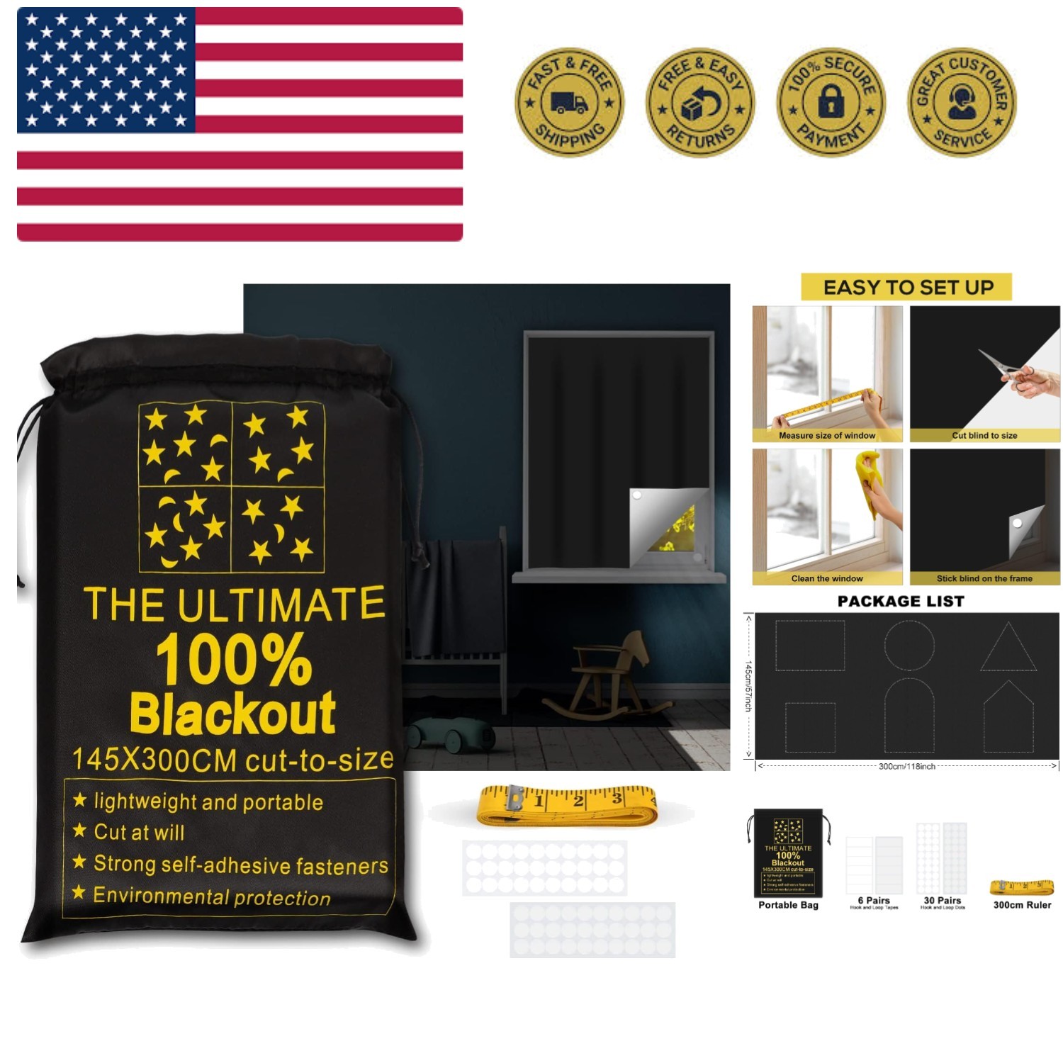 ULIGOOD Portable Blackout Shades 118" x 57" Travel Window Blackout Curtains, ...