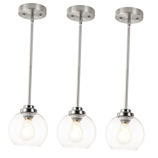 3 Pack Globe Pendant Light, Brushed Nickel Hanging Ceiling 3-PACK Clear Globe