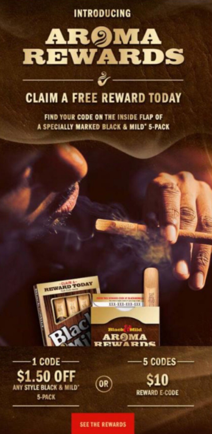 60 Unused Black And Mild Aroma REWARD CODES - Box Tops
