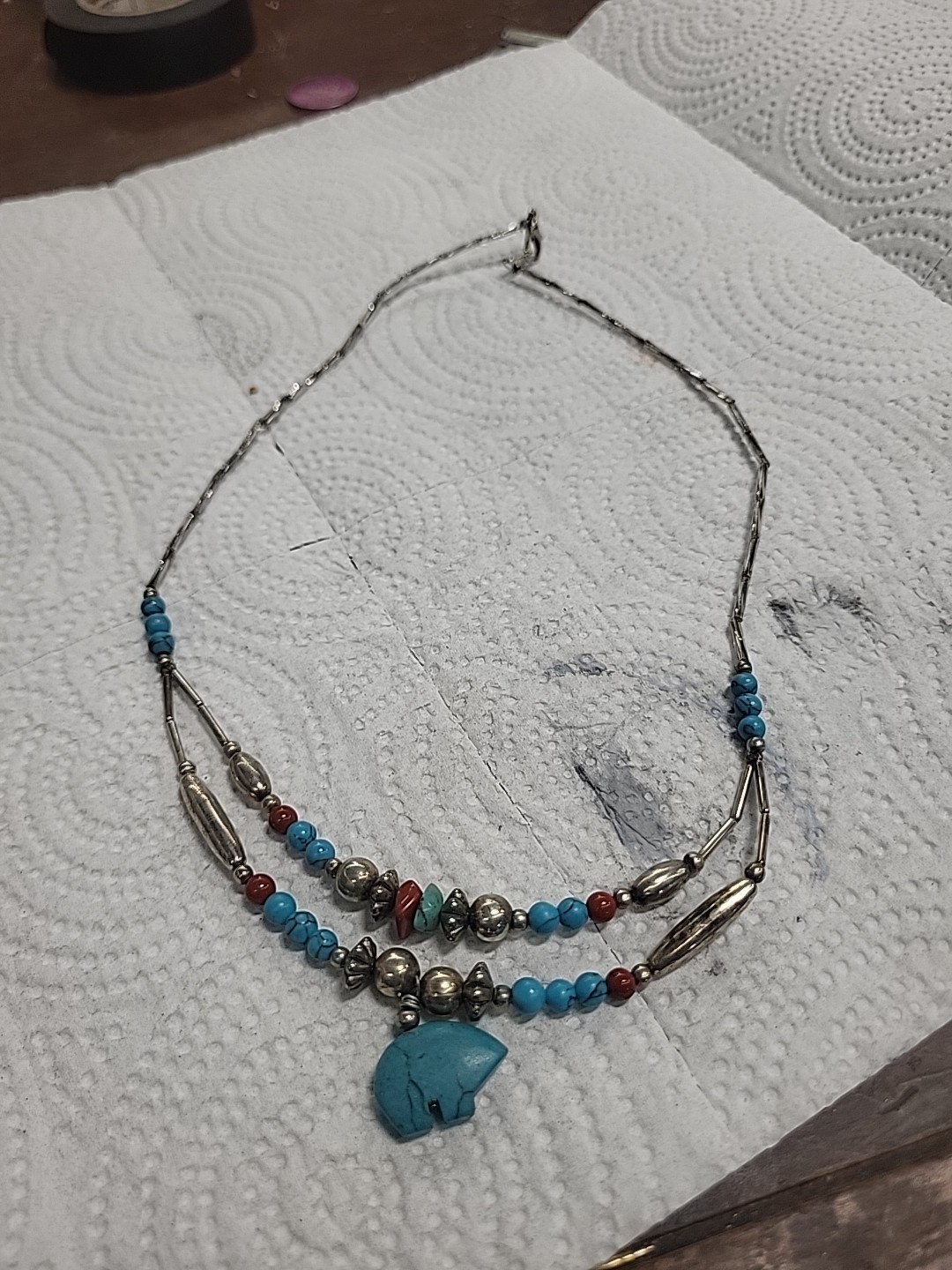 Vintage 925 Sterling Silver UNSIGNED Blue Turquoise Stone & Bead 17.5" Necklace 