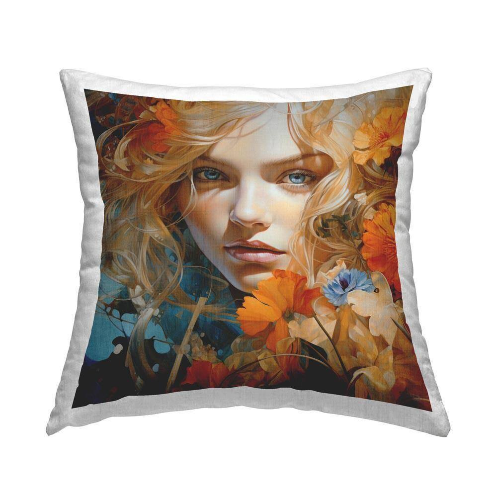 Girl with Orange Blooms Orange Floral Polyester 18 In. X 18 In. Throw Pillow