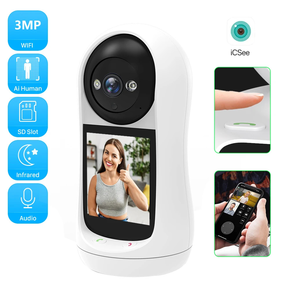 4MP 2K PTZ Wifi Camera Video Call with 2.8 Inch IPS Screen Baby Cry Sound Detect