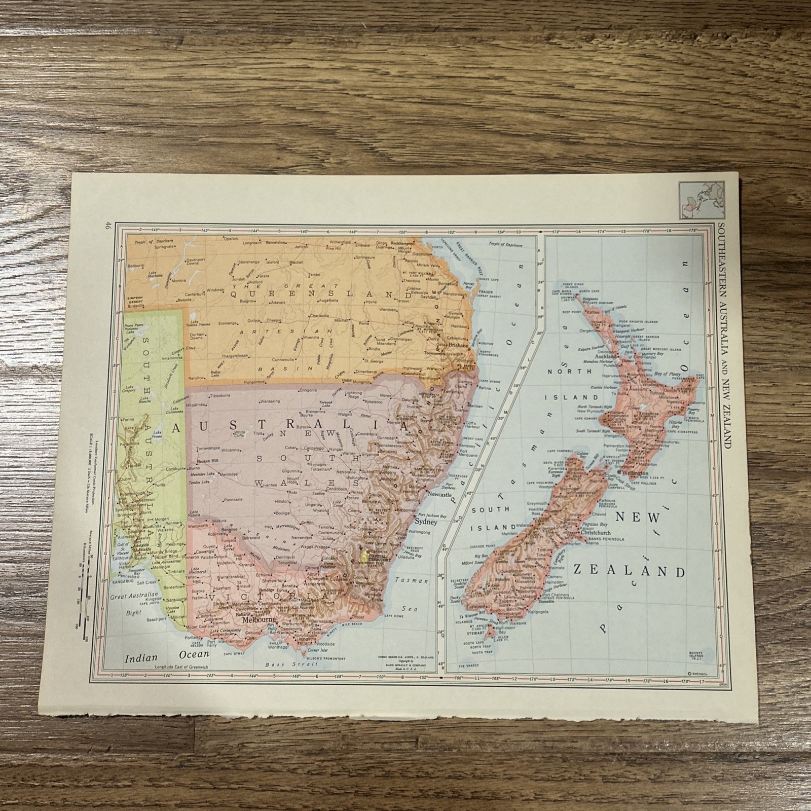 Antique 1956 Map Of New Zealand & Southeast Australia 14”x11”