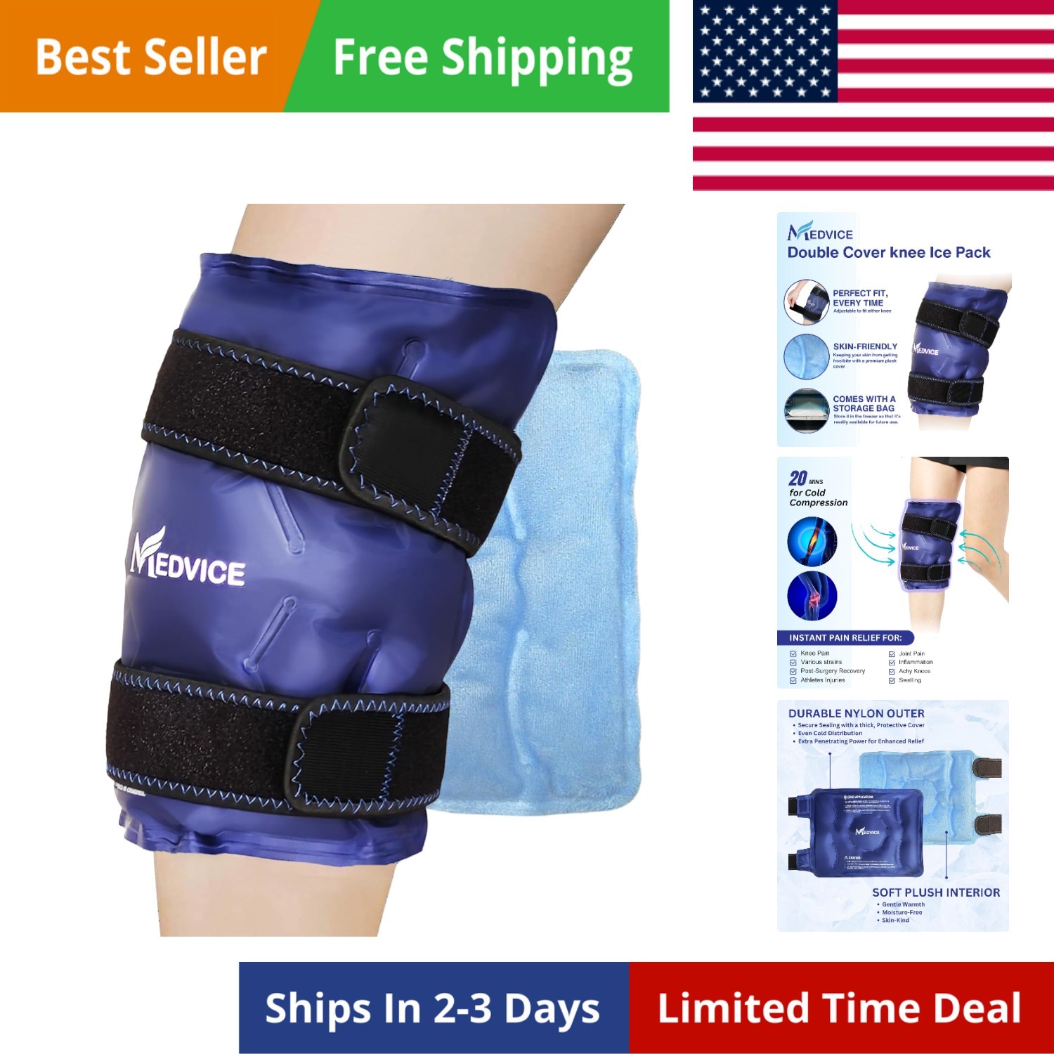 Full Coverage Gel Cold Pack for Knee Surgery Recovery - Adjustable & Flexible