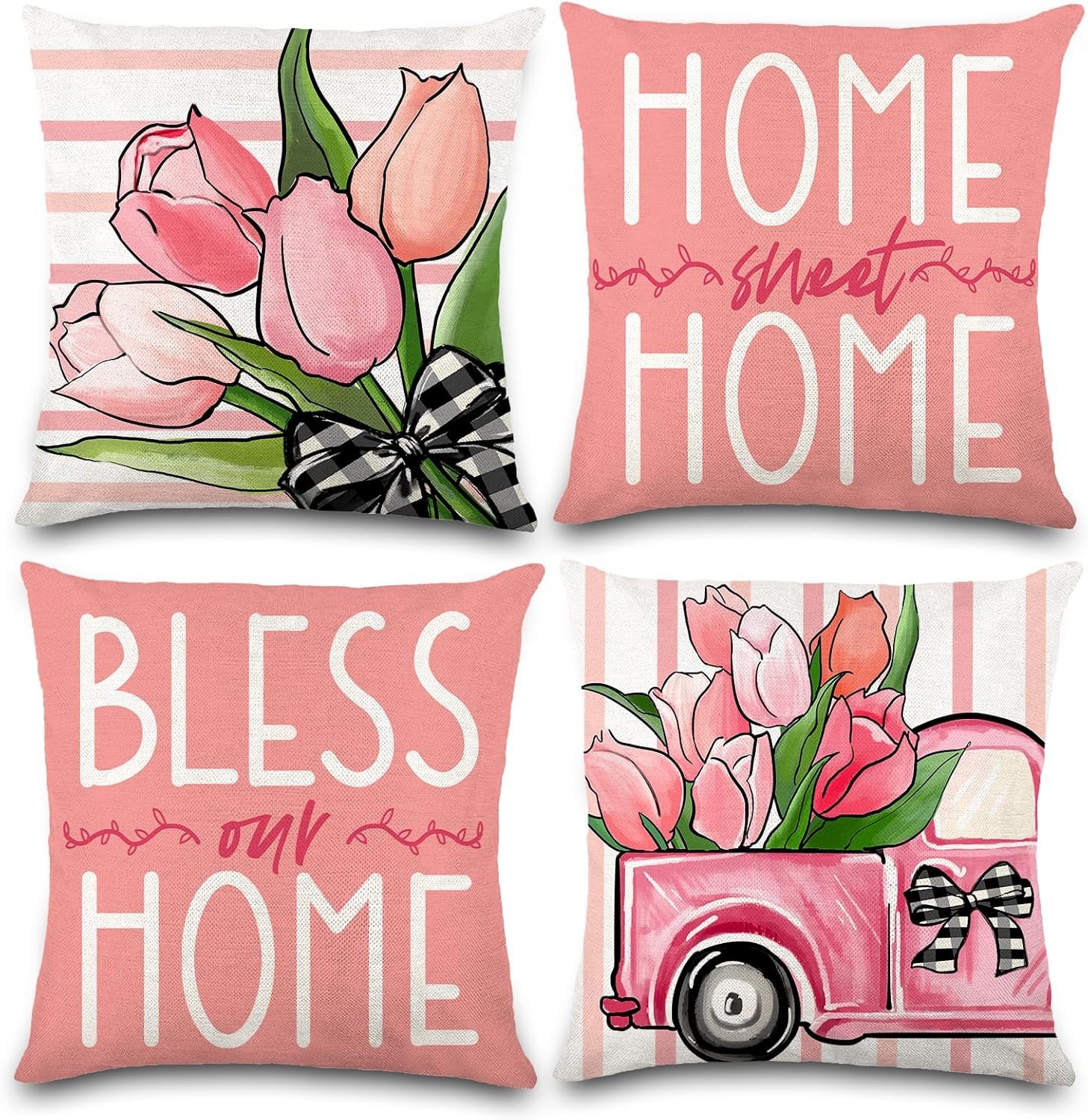 DIYDEC 4PCS Spring Pillow Covers 18x18 Inch Pink Flower Car Spring Throw Pillow