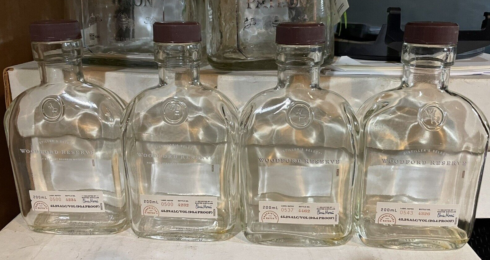 4 Empty 1/2 Pint (200ml) Woodford Reserve Kentucky Bourbon Whisky Bottles