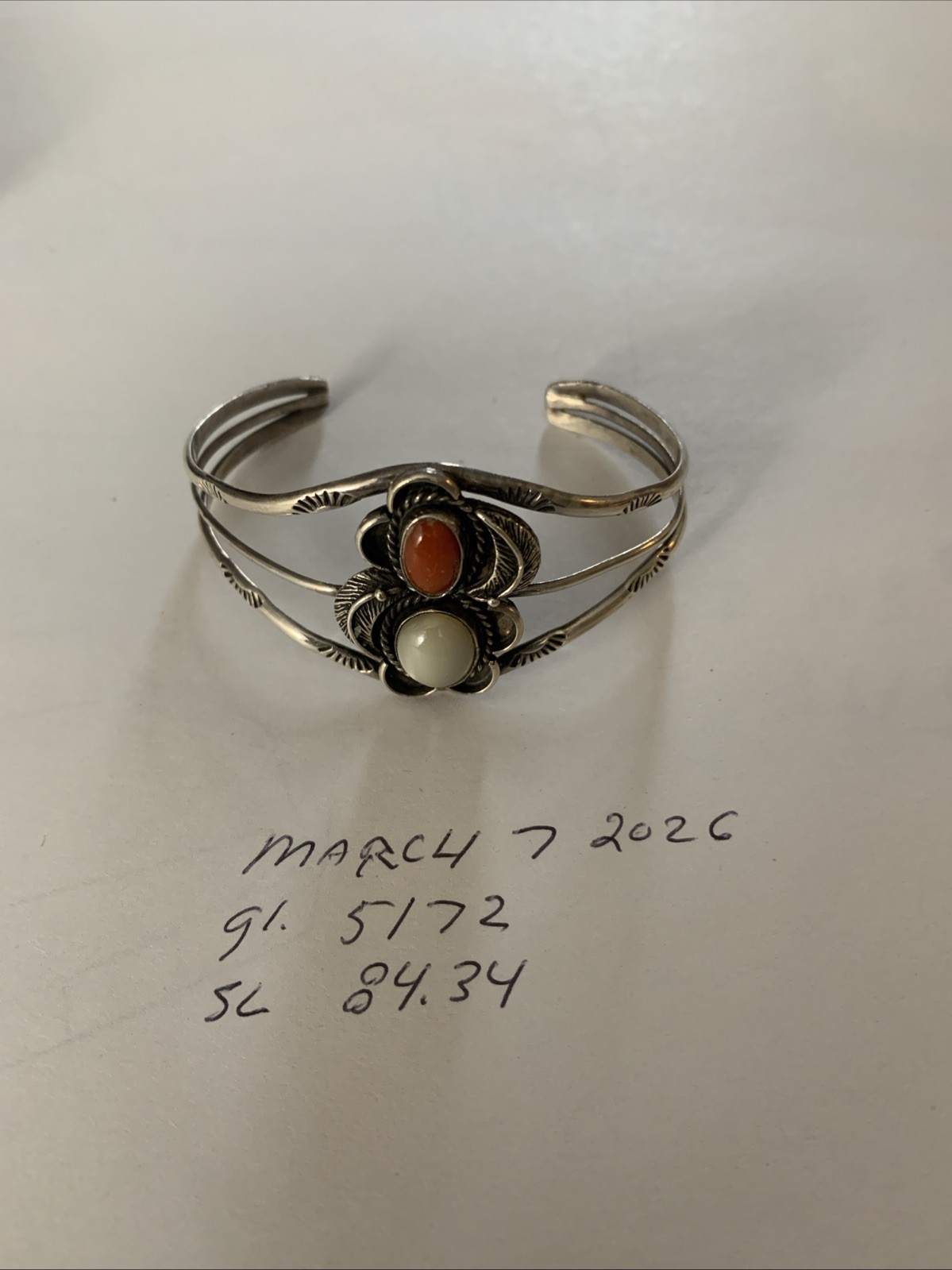 VTG Navajo Sterling Cuff Bracelet 2.5” Diameter ,coral ,mop Inlay  13gr