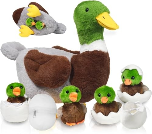 7 in 1 Stuffed Animals Duck Plush Toys, 12" Zipper Mommy Stuffed Mallard Duck