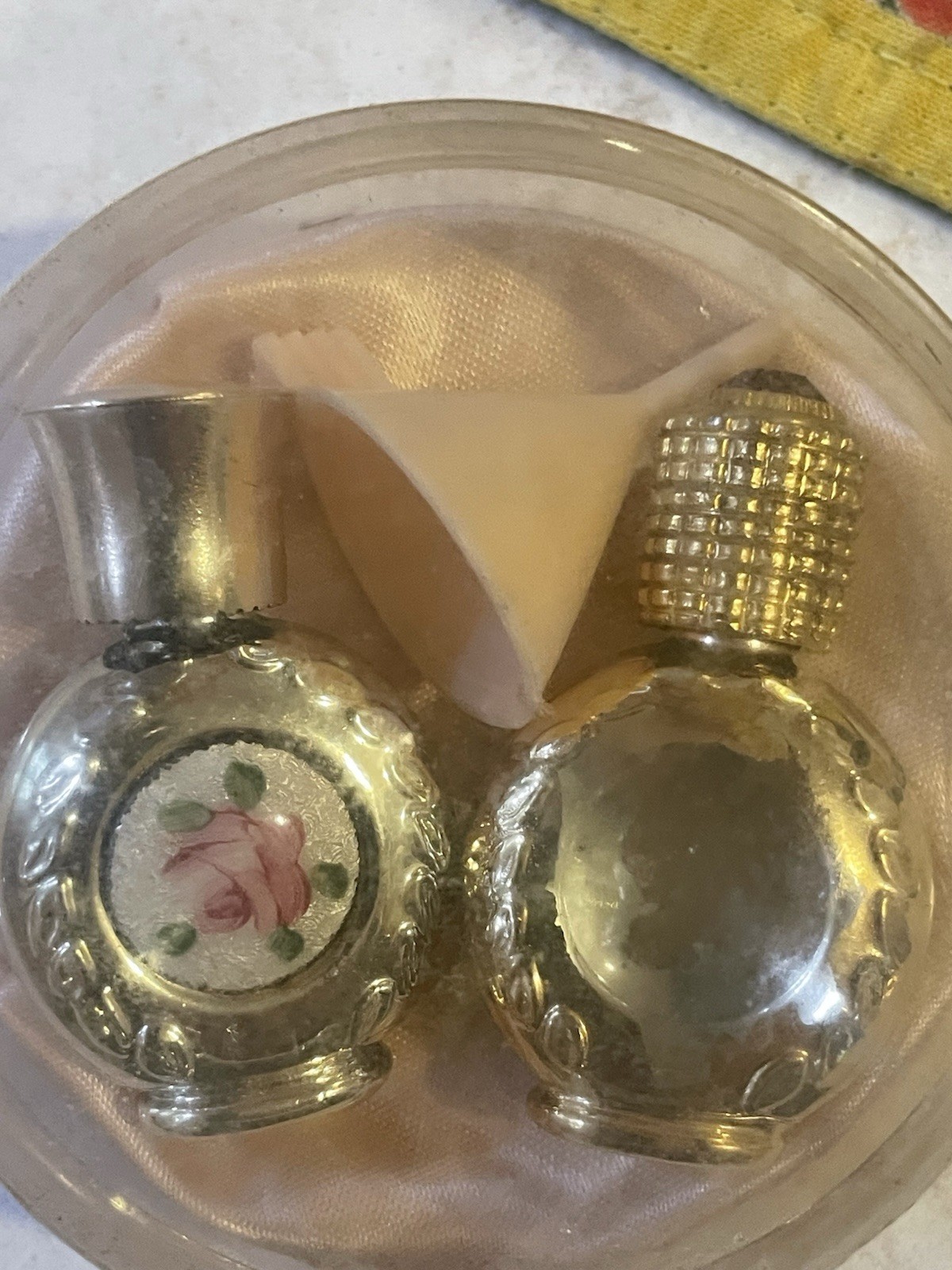 Very Vintage Tiny  Perfume Bottle Set With Funnel And Container