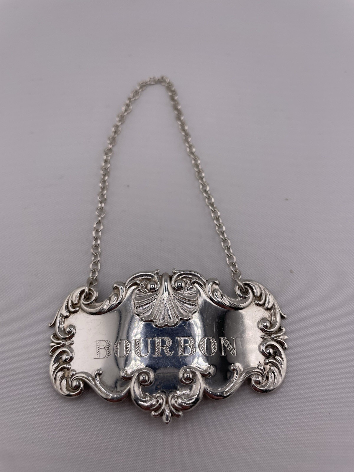 Sterling Silver Bourbon Decanter Label Bottle Tag w Chain – 15g