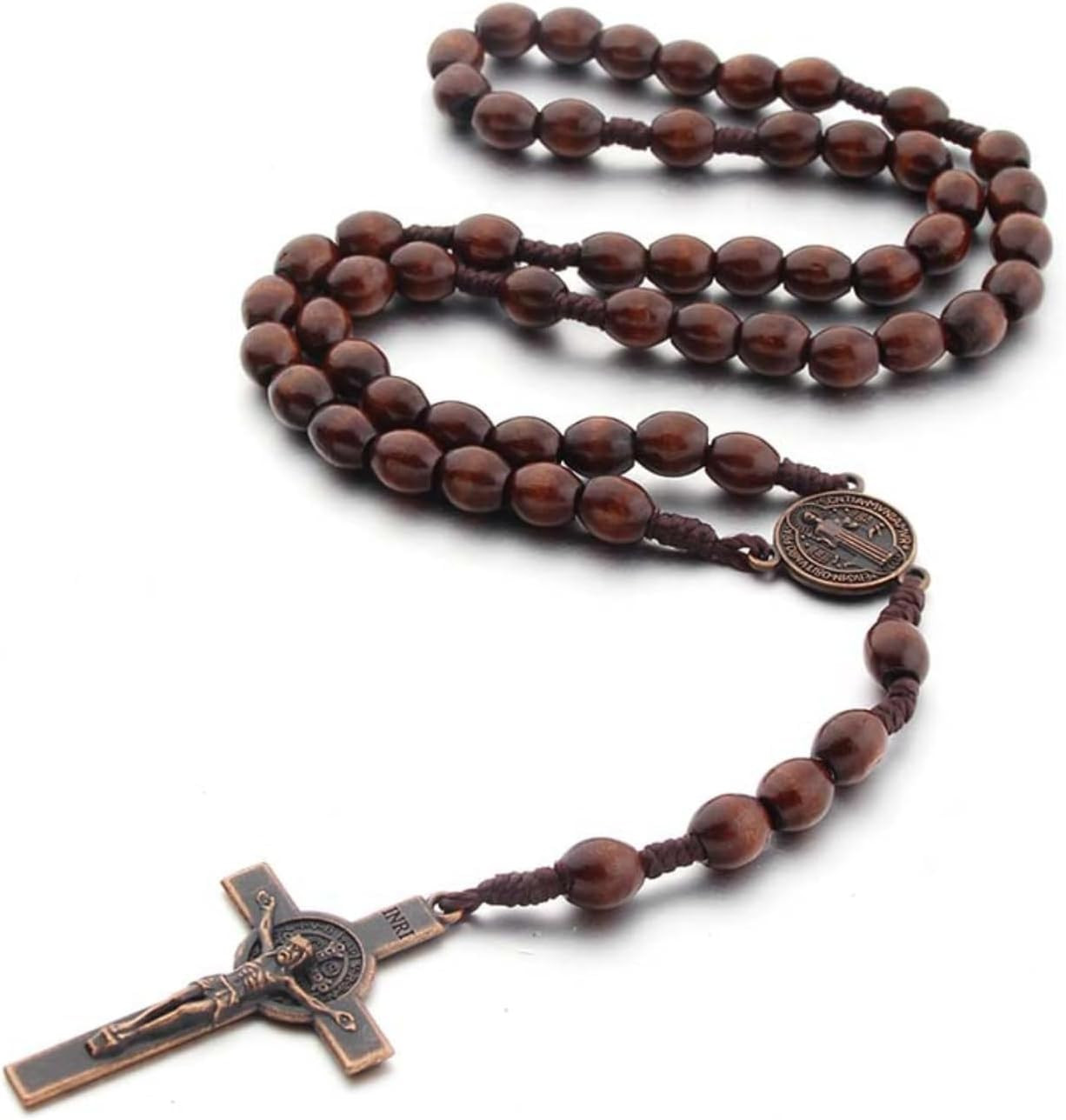 Wooden Rosary Necklace for Women Catholic Rosary Beads with Cross Pendant Prayer