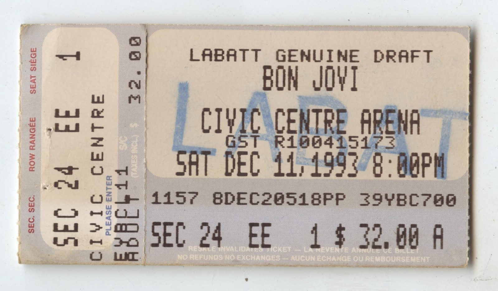 Original 1993 Bon Jovi Civic Centre Arena Canada Concert Ticket