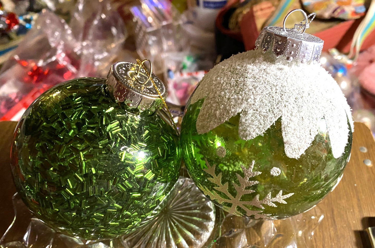 2 Green Flocked Shatterproof Christmas Ornaments 3"