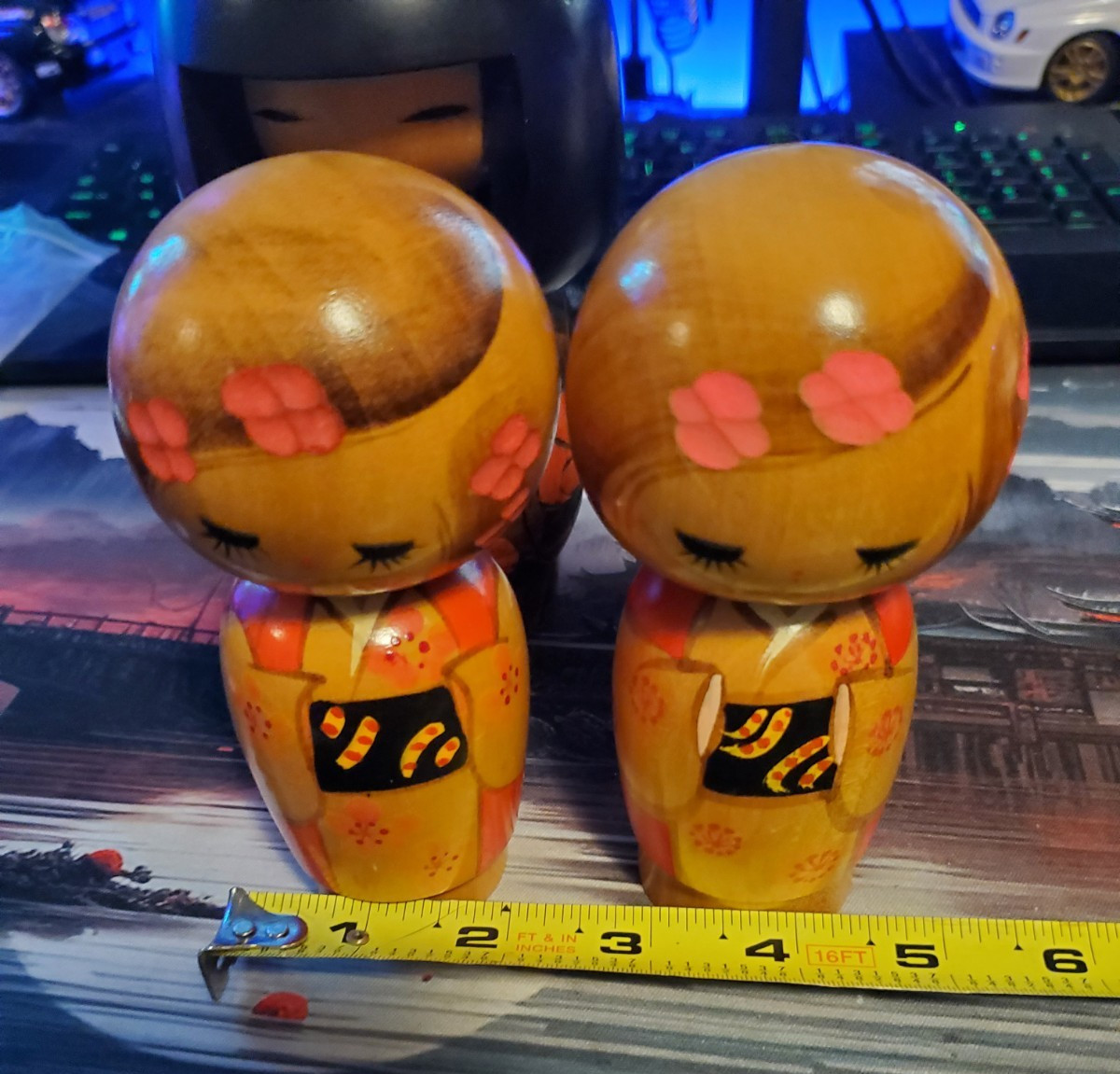 2x-Japanese Sosaku Kokeshi Wooden Doll Kawaii Girl Signed Handcrafted Vtg 1970