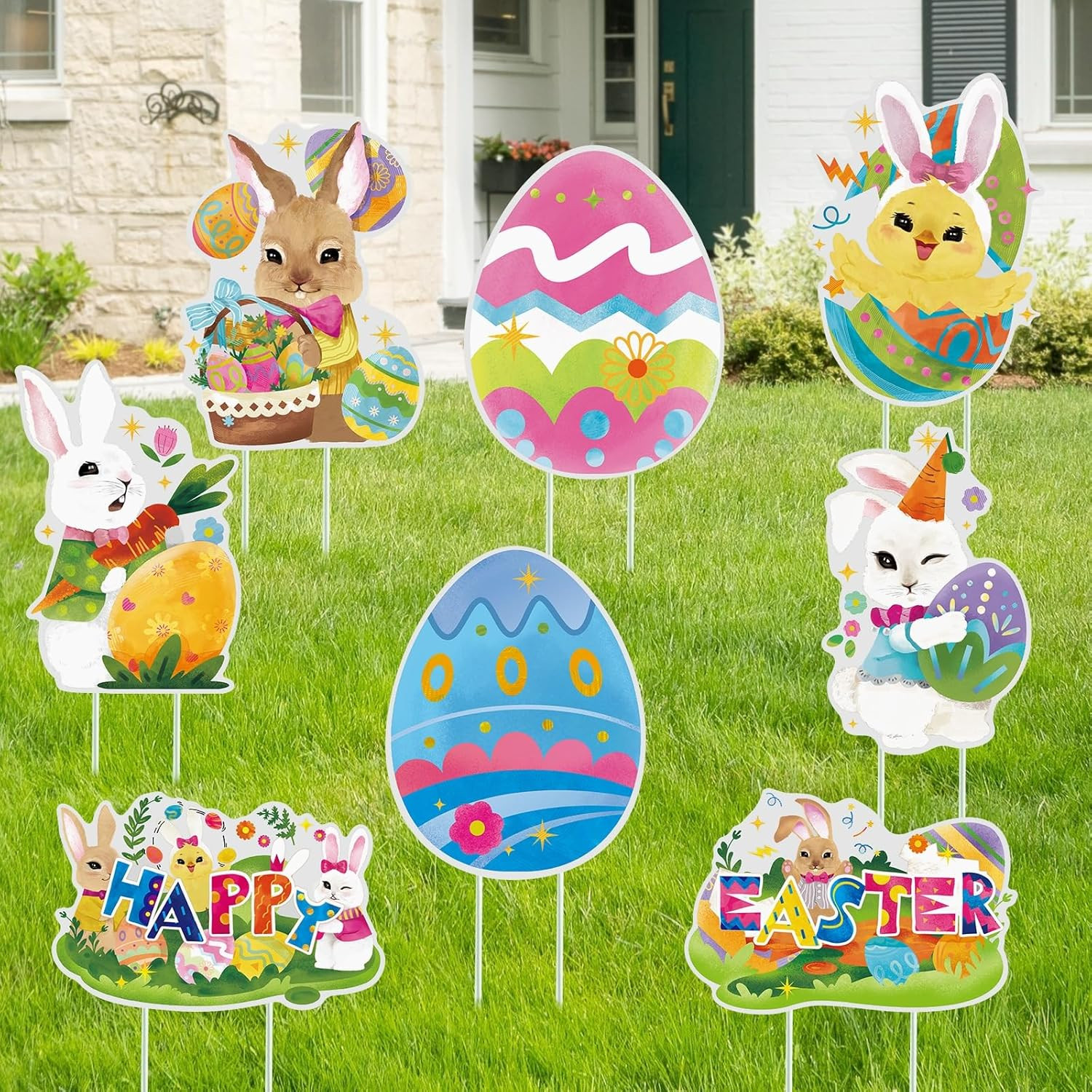 Easter Yard Outdoor Decorations - 8 PCS Easter Bunny Eggs Yard Signs with Stakes