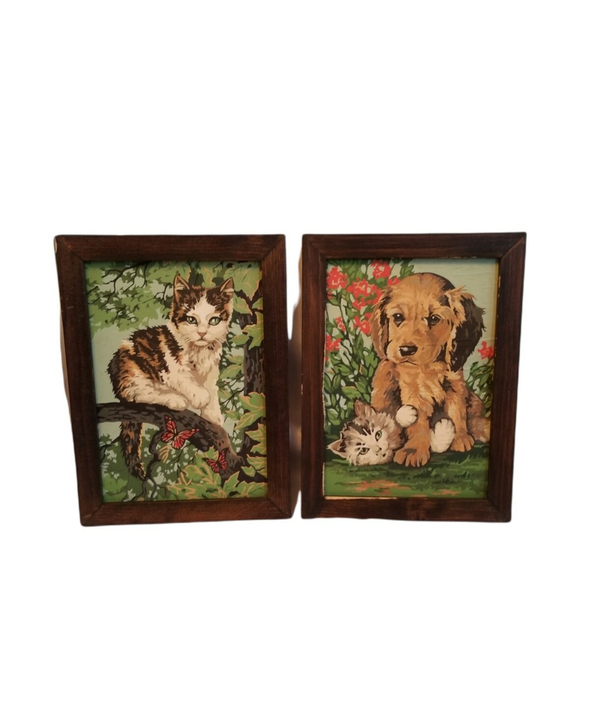 Vintage MCM Paint By Number Kitten Cat & Dog Pair of Paintings