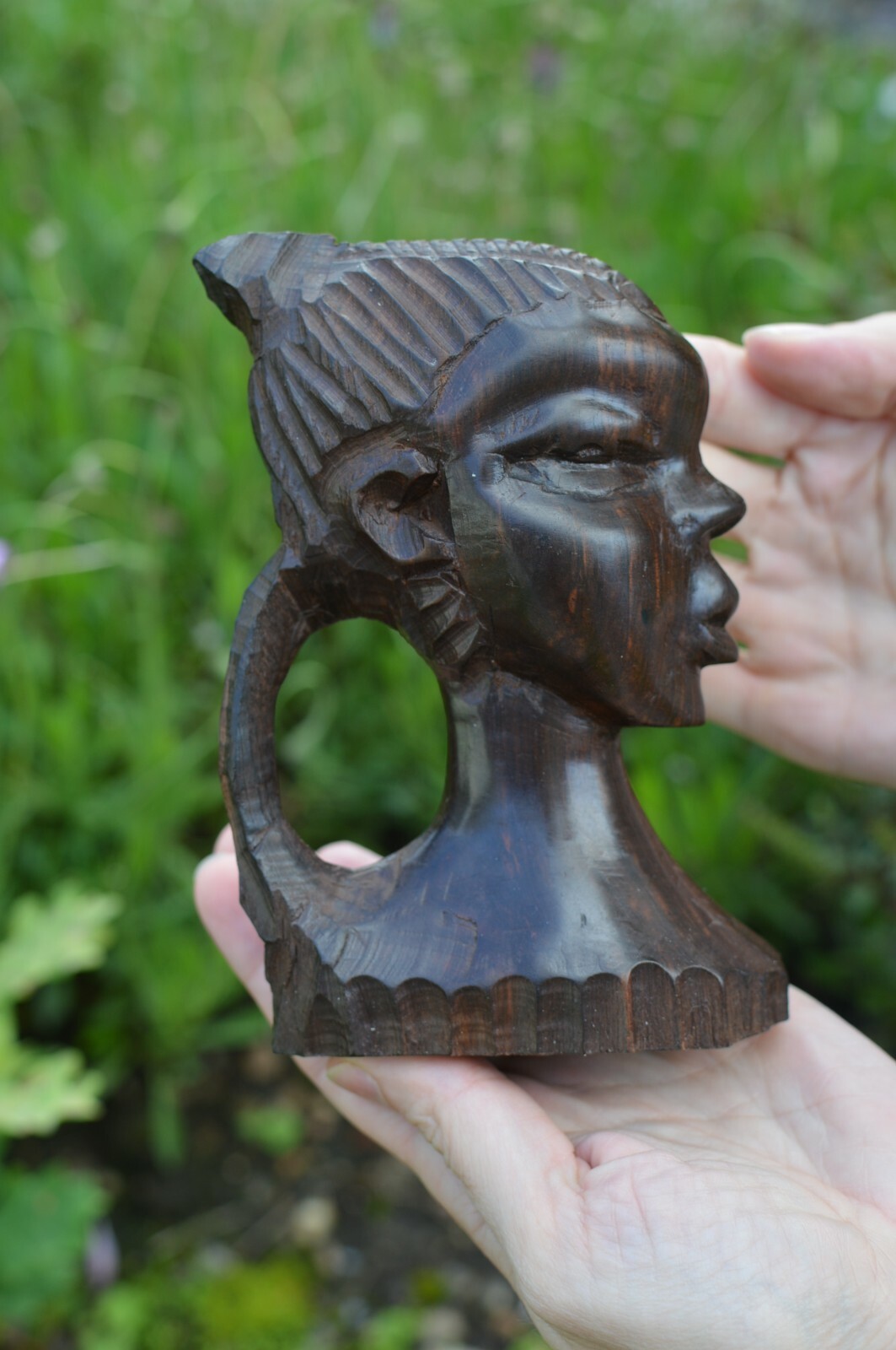 Vintage African Tribal Art Carved Wooden Girl Bust Statue Sculpture ~15.5cm Tall