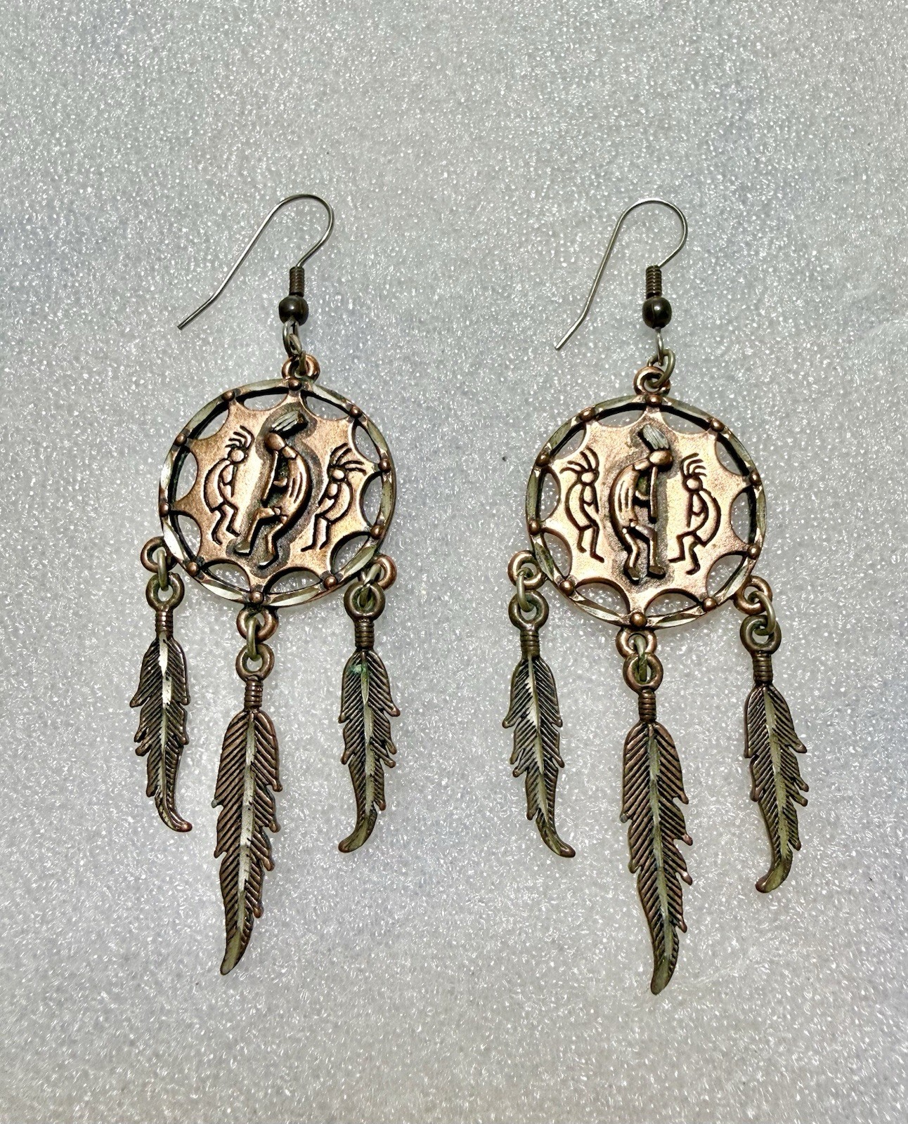 Vintage SW 1995 Walldeck COPPER Kokopelli 3” Dream Catcher Dangle Earrings
