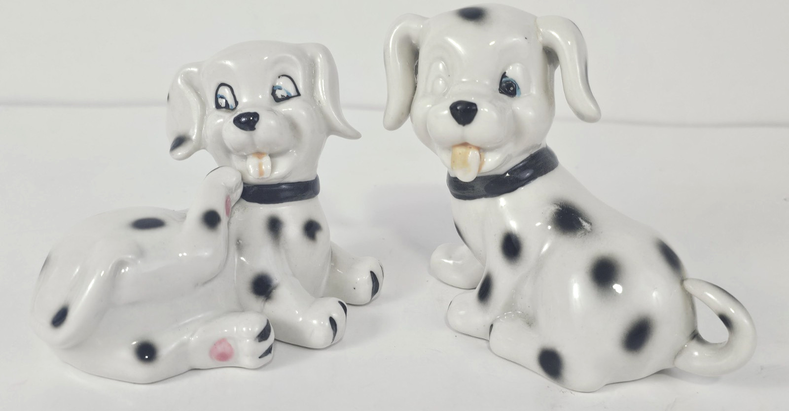 2 Vintage Ceramic Disney 101 Dalmatian Puppy Figurines Black Spots