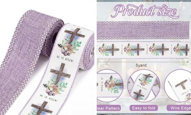 2 Rolls 2.5" × 5 Yd Spring Easter Ribbon He is Risen Cross Egg Lavender Purple