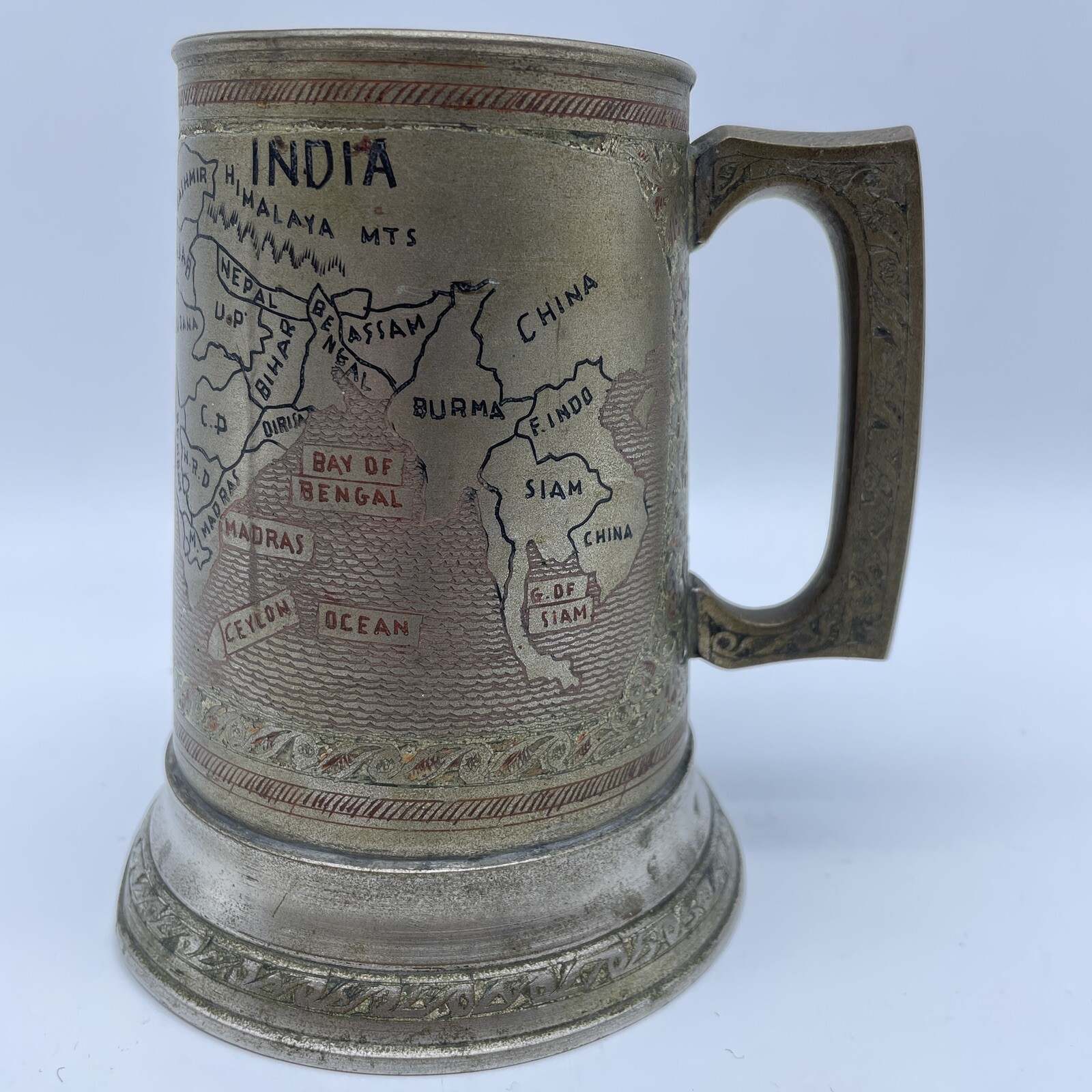 India Brass Mug Stein Tankard Etched Map Of India Peacock 5" Decor Only