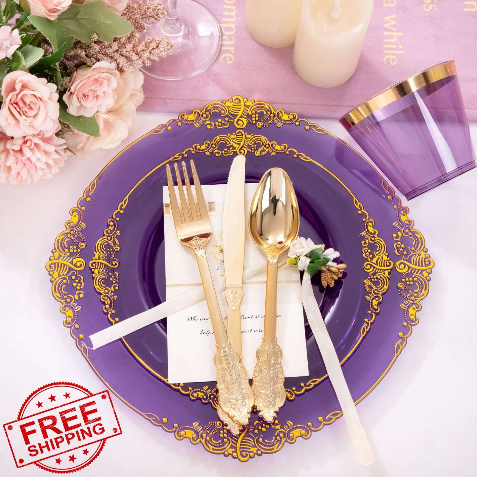 Nervure 175pc Purple Gold Plastic Plates Party Set 25 Guests