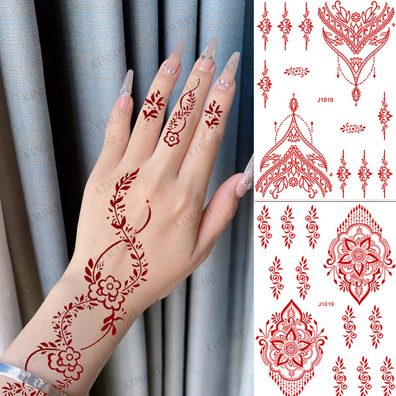Red Henna Tattoo Body Stickers Women Henna Temporary Tattoos Lace Floral Decals↷