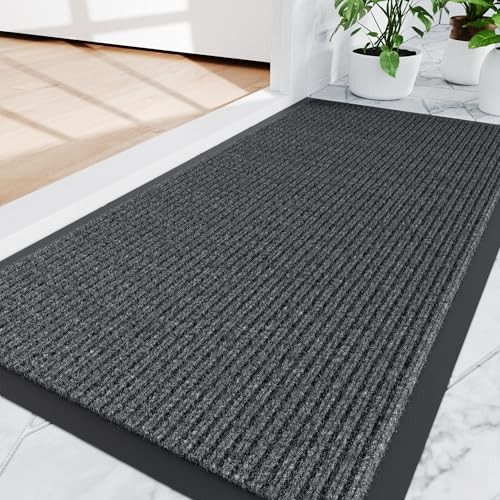  Front Door Mat Indoor Outdoor Entrance All-Season 36" x 48" Grey Double Stripe