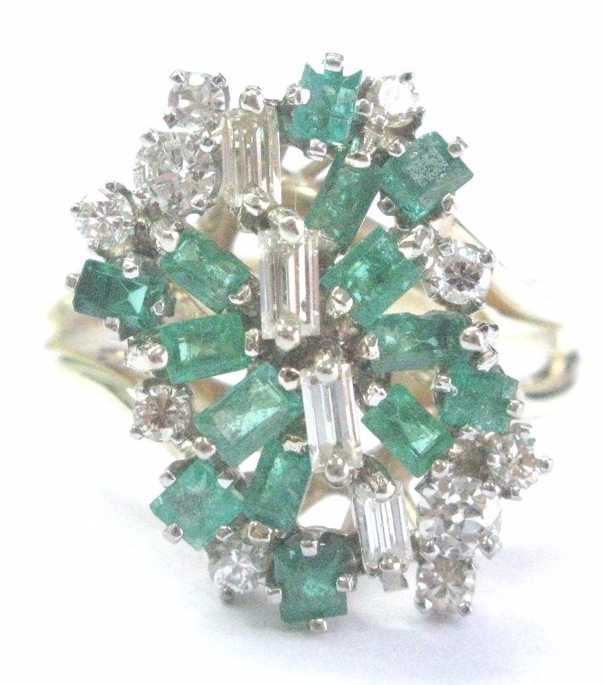Colombian Green Emerald & Diamond Cluster Yellow Gold Ring 14KT 1.17Ct SIZEABLE