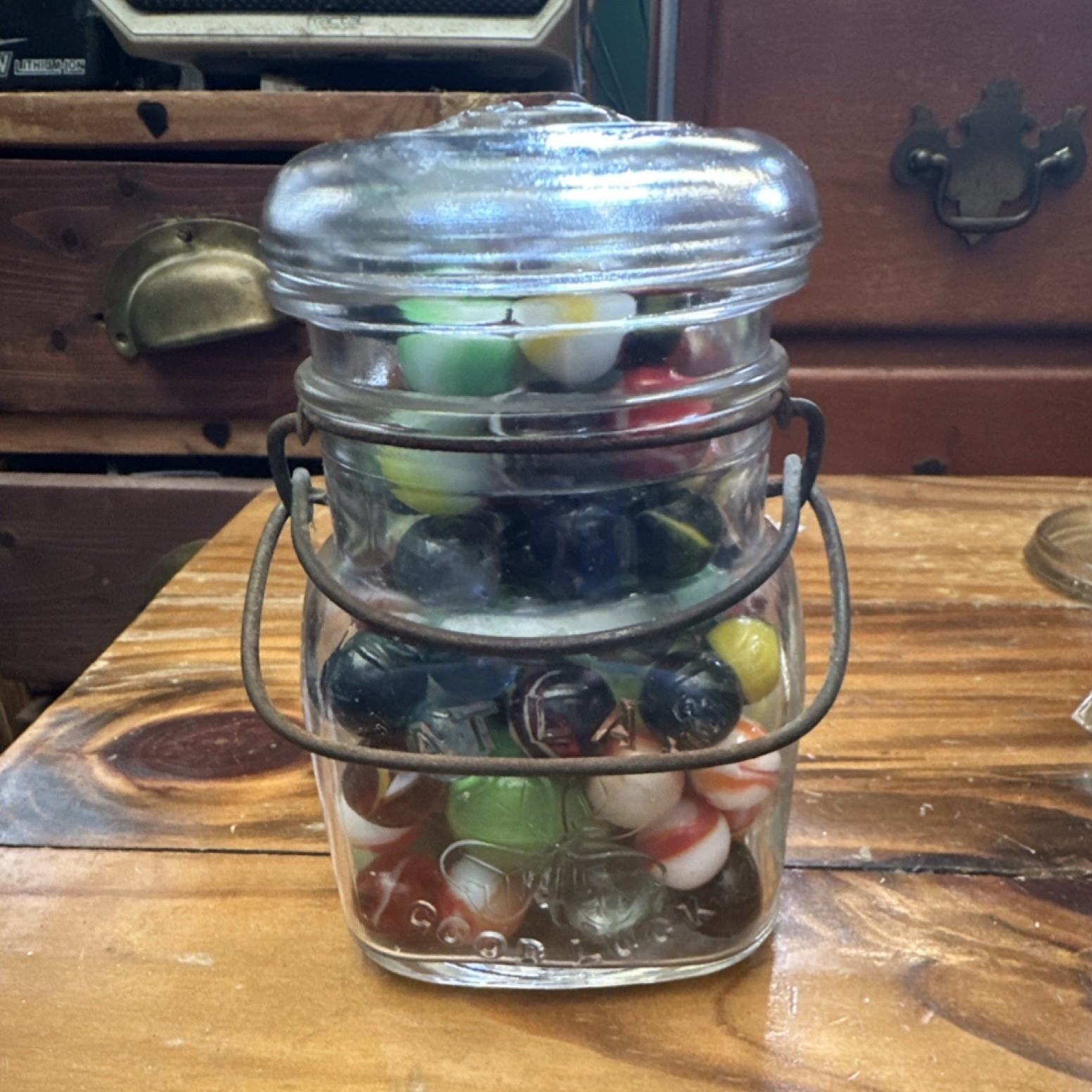 Antique Ball Jar filled with old marbles & shooters