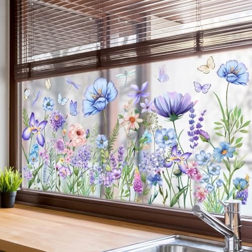 Summer Flower Window Clings Purple Floral Bouquet Window 11.8*23.6inch Blue