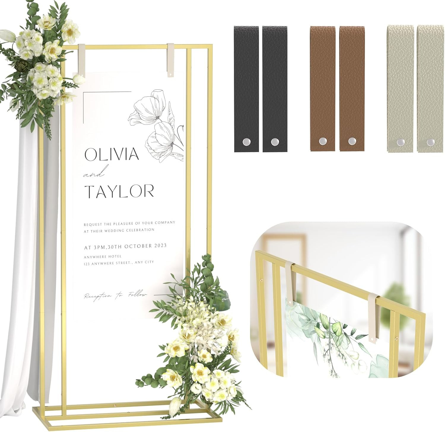 Adjustable 66” Gold Metal Wedding Welcome Sign Stand with Leather Straps